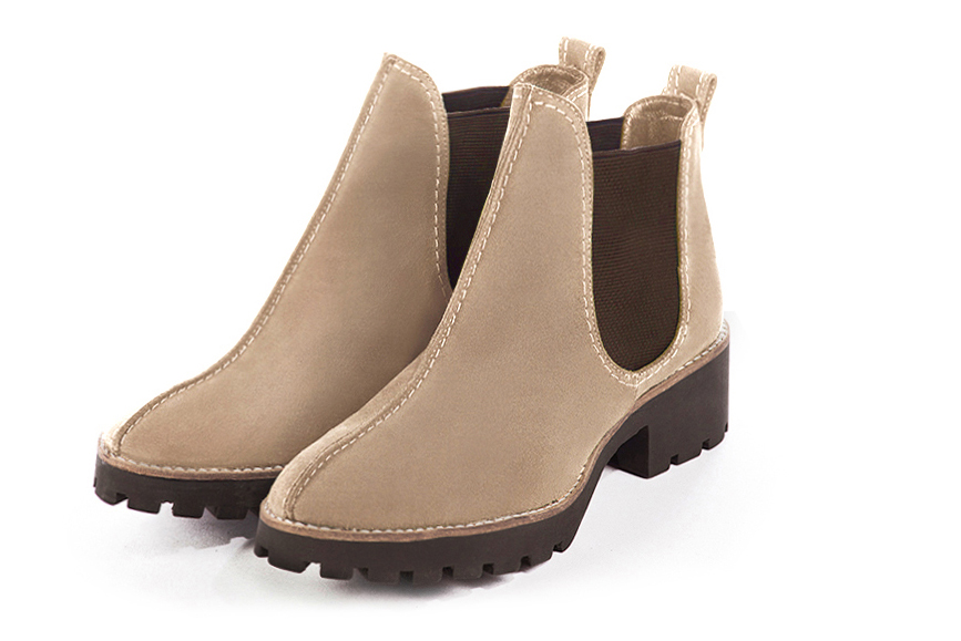 Tan beige and chocolate brown women's ankle boots, with elastics. Round toe. Low rubber soles. Front view - Florence KOOIJMAN